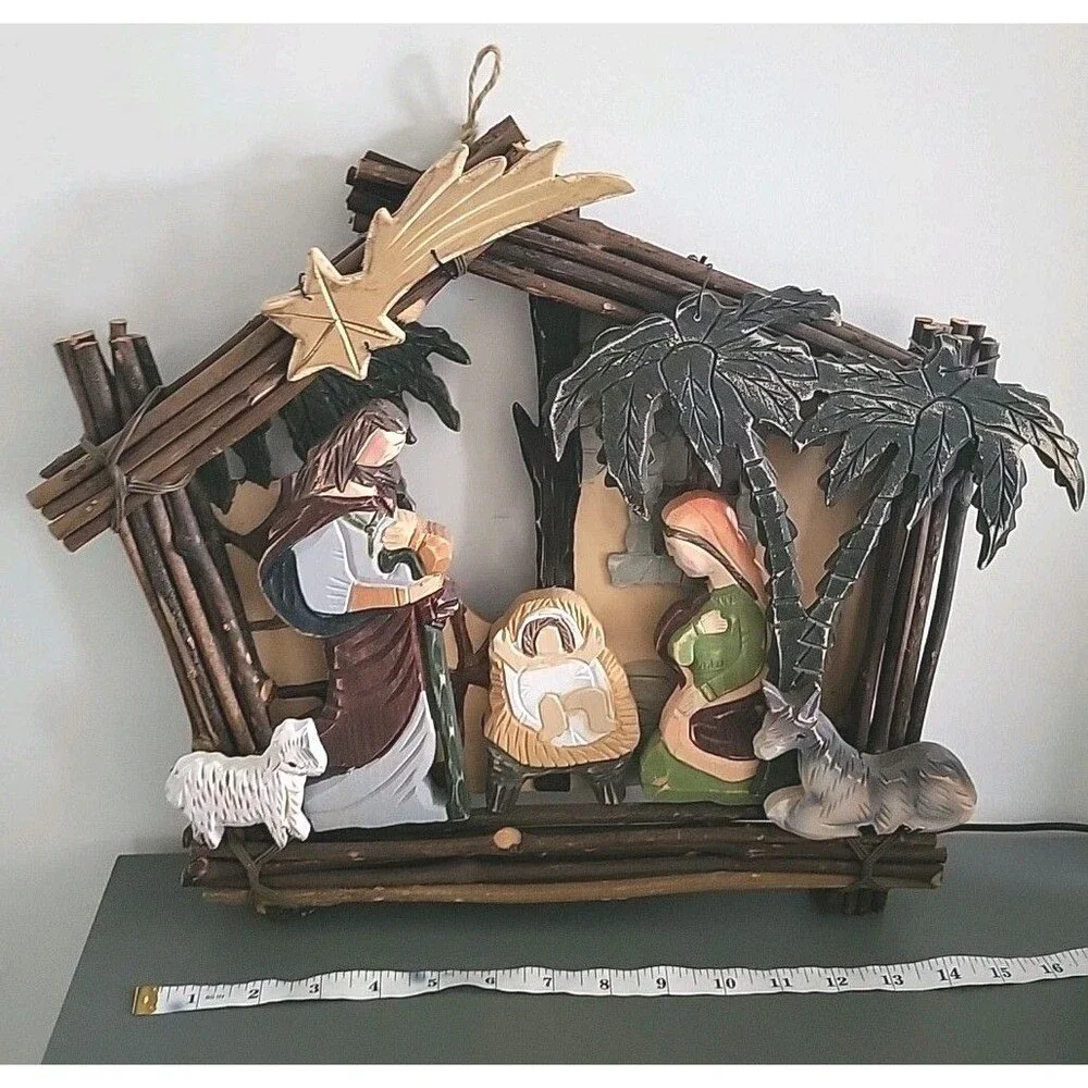 Wood Carved Christmas Nativity Hanging Hand Painted Jesus Mary Joseph Rustic 16